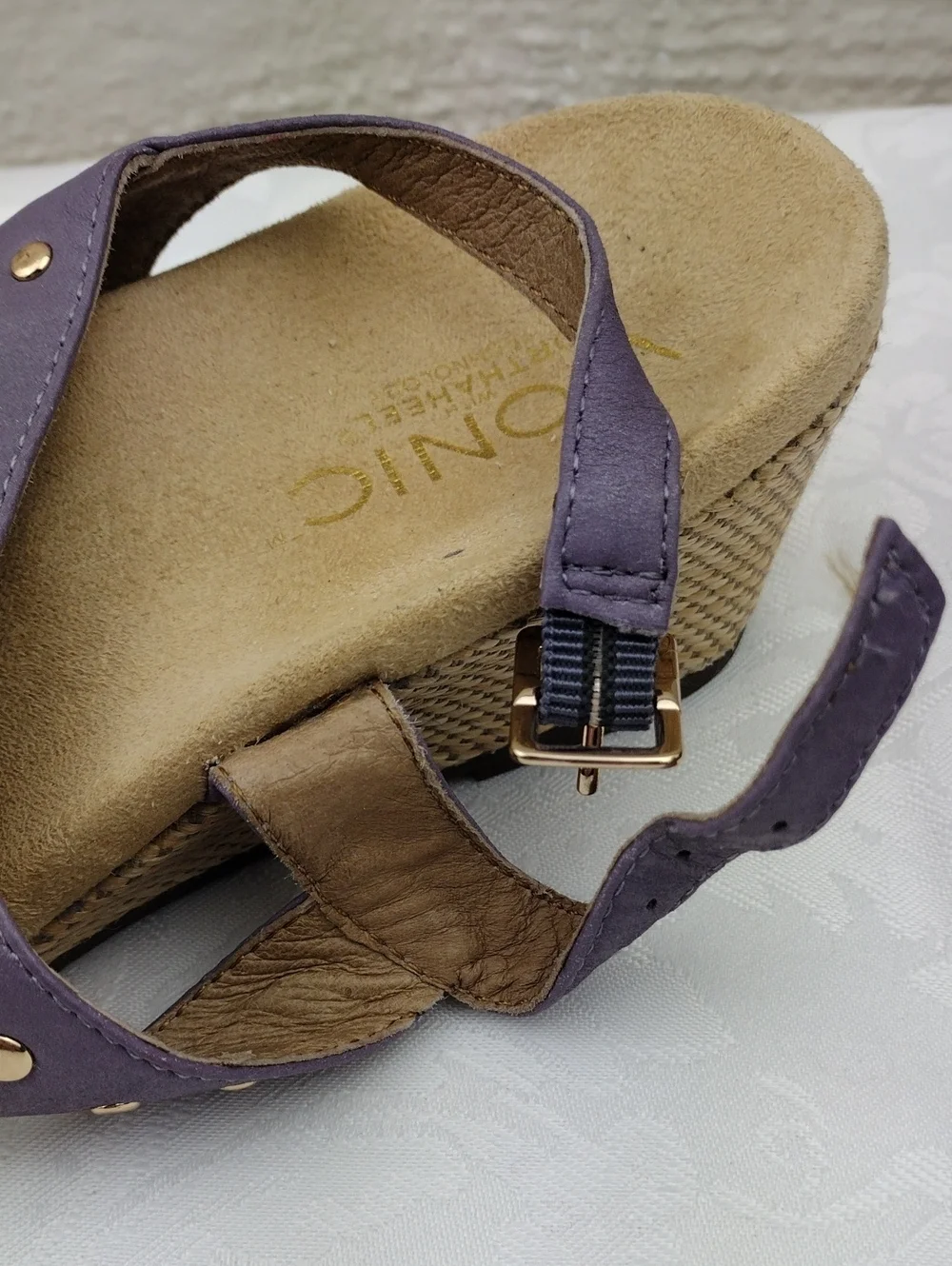 Vionic Orthaheel Catarina Leather Purple Studded Open Toe Slingback Wedge Sandal